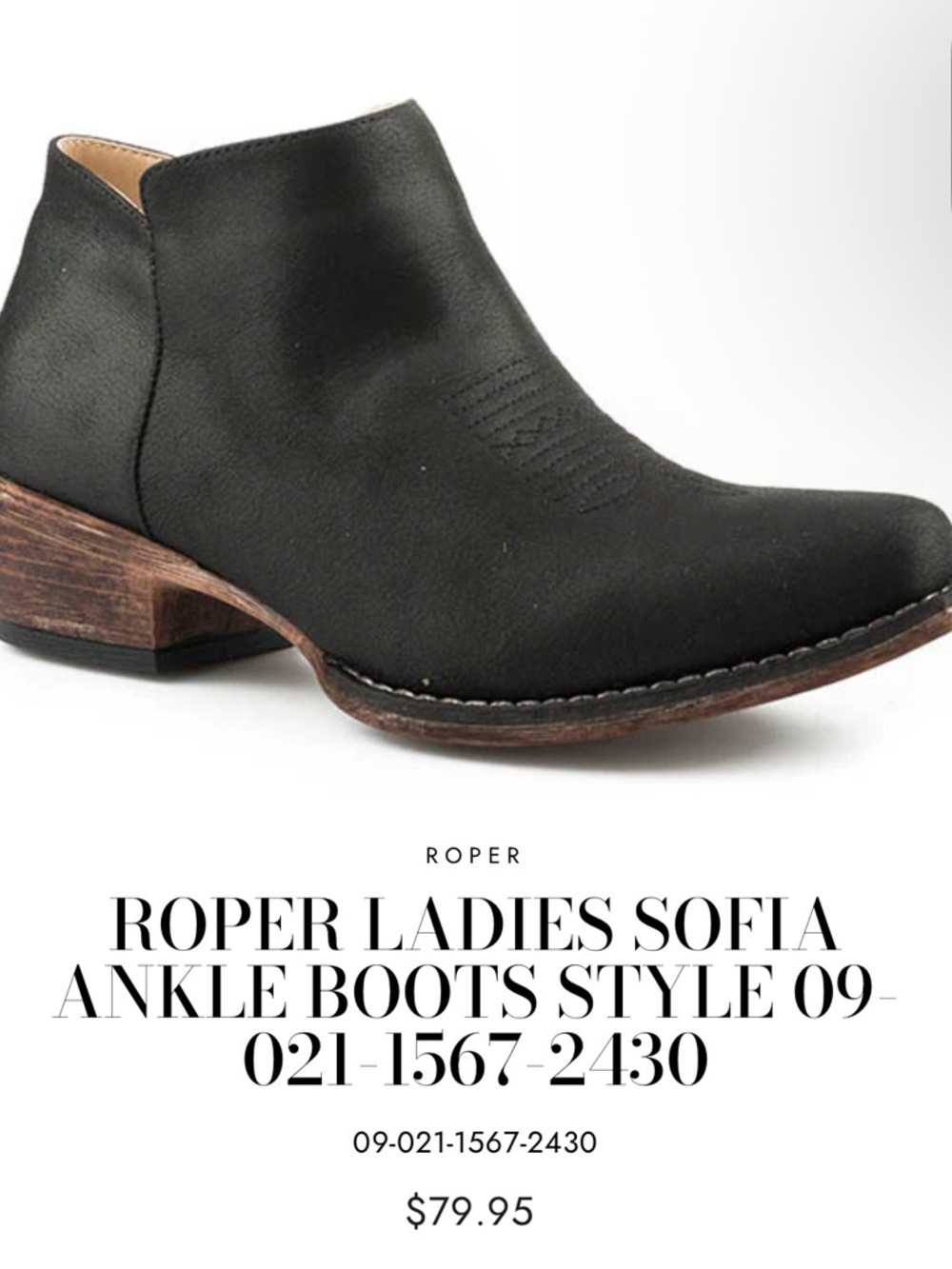 Roper Black Leather Slip-On Ankle Boot with Wood-Look Heel